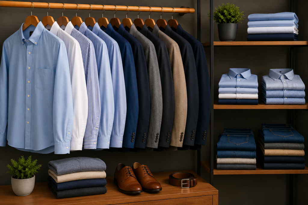 Men's garments including shirts, polo shirts and trousers