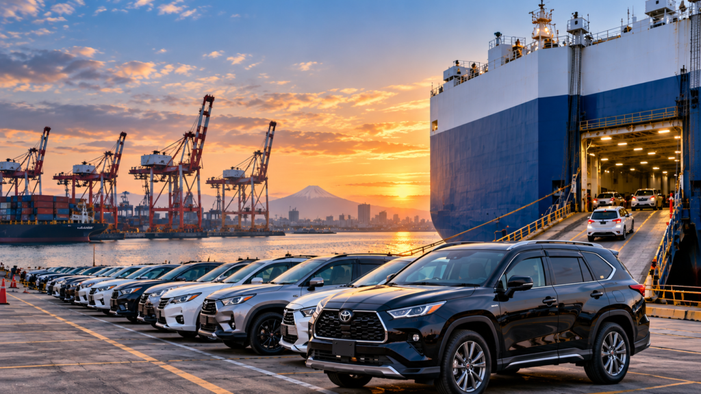 Japanese vehicles at a port prepared for international export